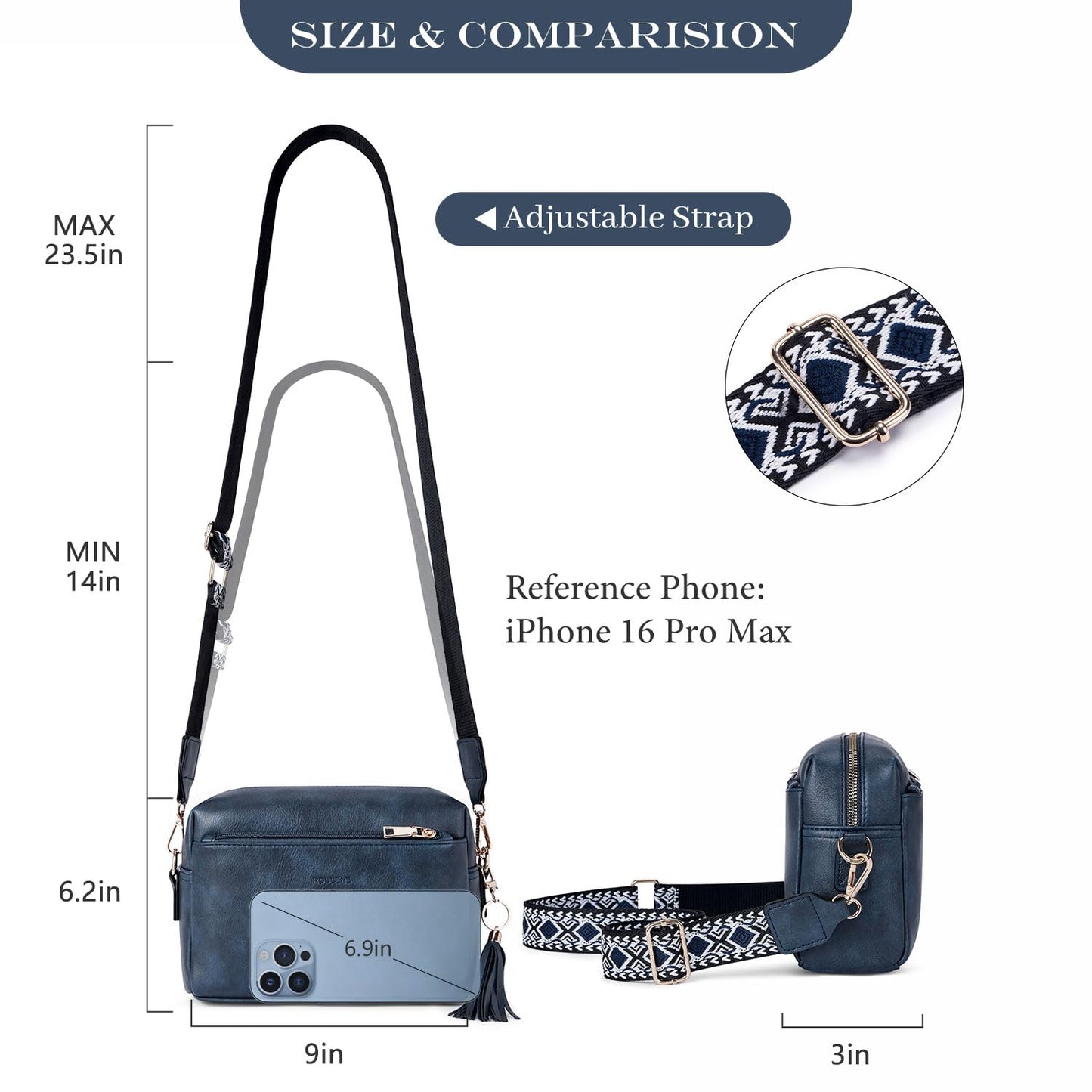 Roulens Triple Zip Small Crossbody Bag for women,Wide Strap Cell Phone Purse Shoulder Handbag Wallet with Credit Card Slots