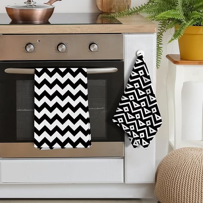 White Black Kitchen Towels Decorative Set of 4, Soft Absorbent Abstract Modern