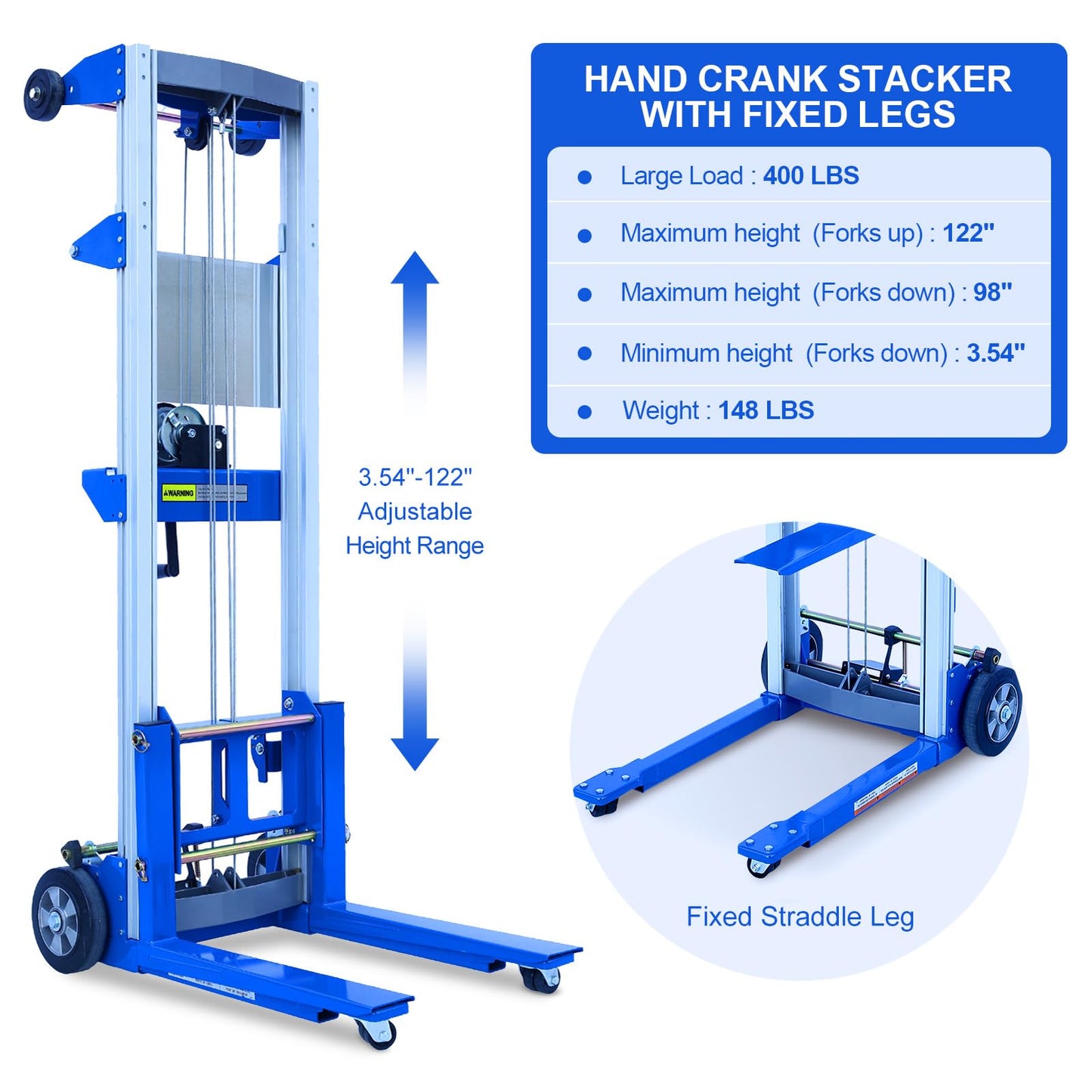 EPOFIT Material Lift Winch Stacker, 400 lbs Capacity, 122" Max Raised Height, Fixed Straddle Hand Winch Lift Trucks for Warehouse, Factory, Library, 34.60" L x 24.80" W