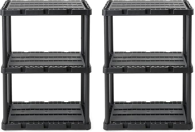 Gracious Living 2 Pack Light Duty Storage Shelves, Knect-A-Shelf 3-Shelf Ventilated Shelving Rack Organizer for Home, Garage, Basement, Laundry, Black