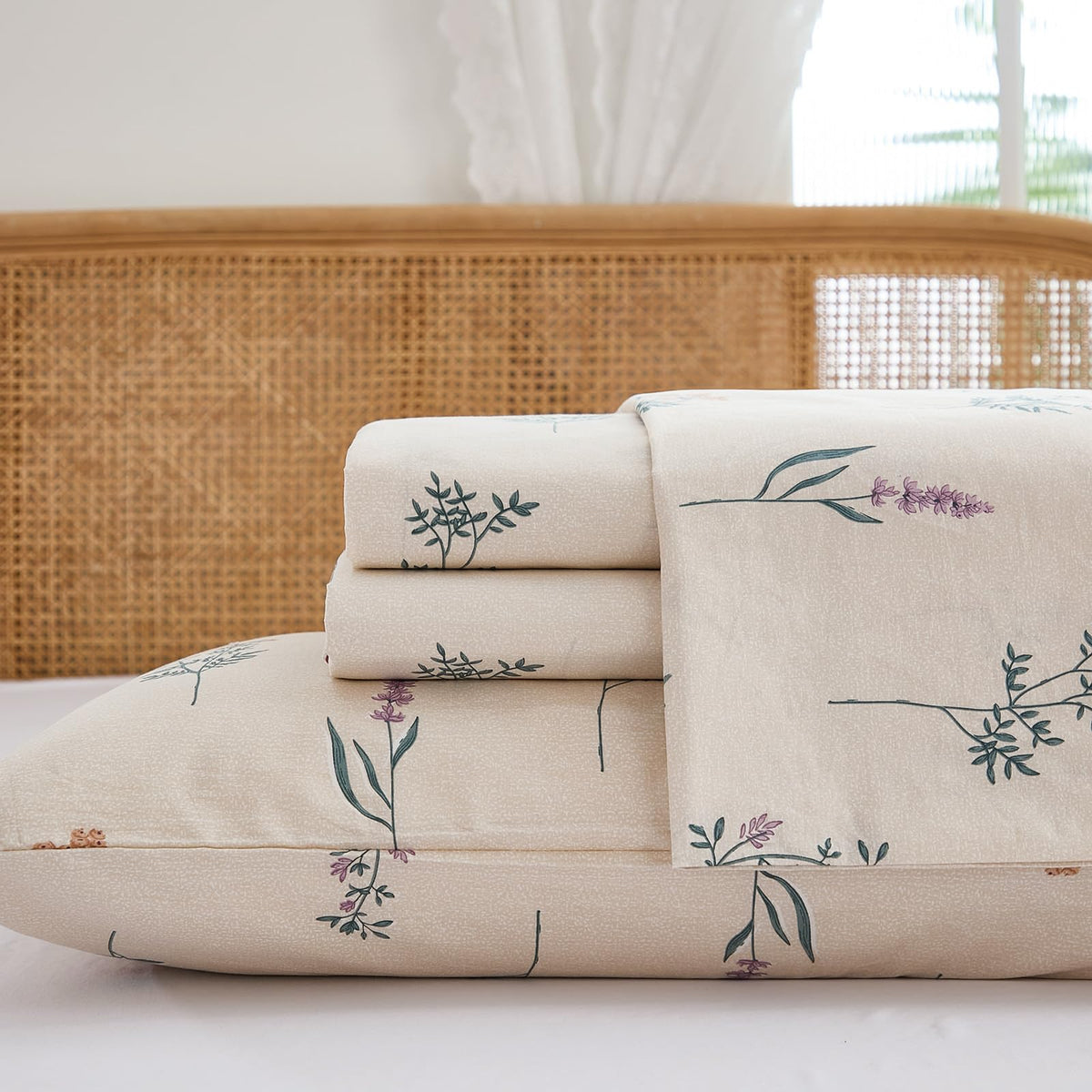 Cozaline Cream Floral Sheets Set Queen Size 100% Cotton, 4 Pieces, Soft & Breathable Percale Weave Bedding, Deep Pocket 17.5", Crisp Cool Feeling, Durable, Perfect Cute Floral Bed Sheet