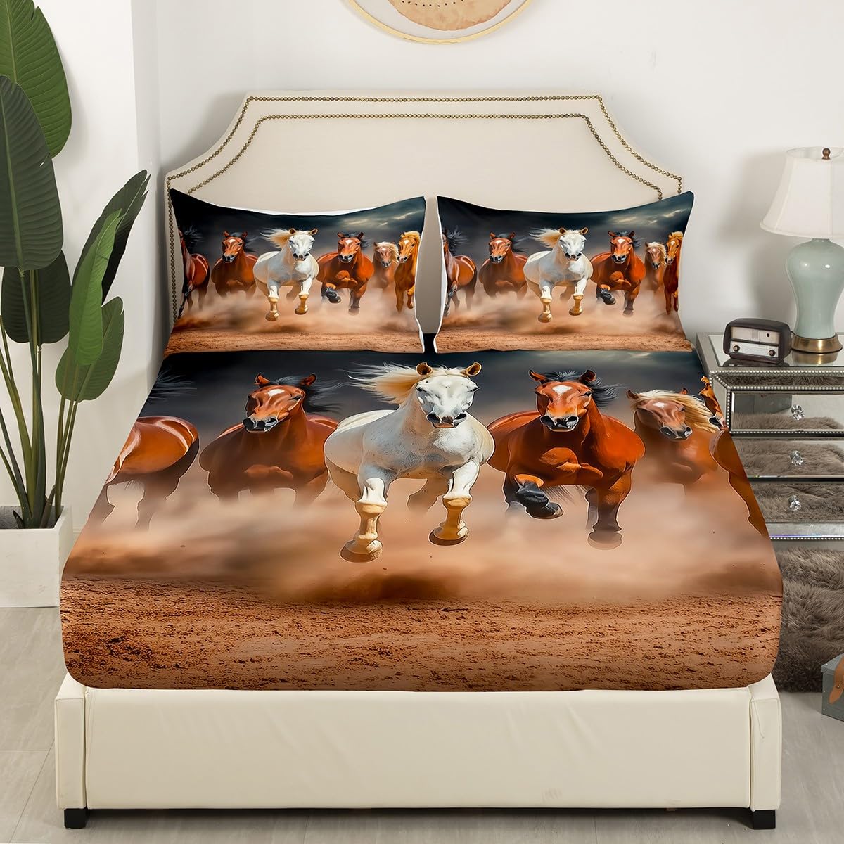 Galloping Horse Bed Sheets for Kids Boys Girls,Farmhouse Western Horse Sheet Set Full,Brown Black Horse Bedding Set Bedroom Decor,Rustic Cowboy Cowgirl Fitted Sheet + Top Sheet + 2 Pillowcases