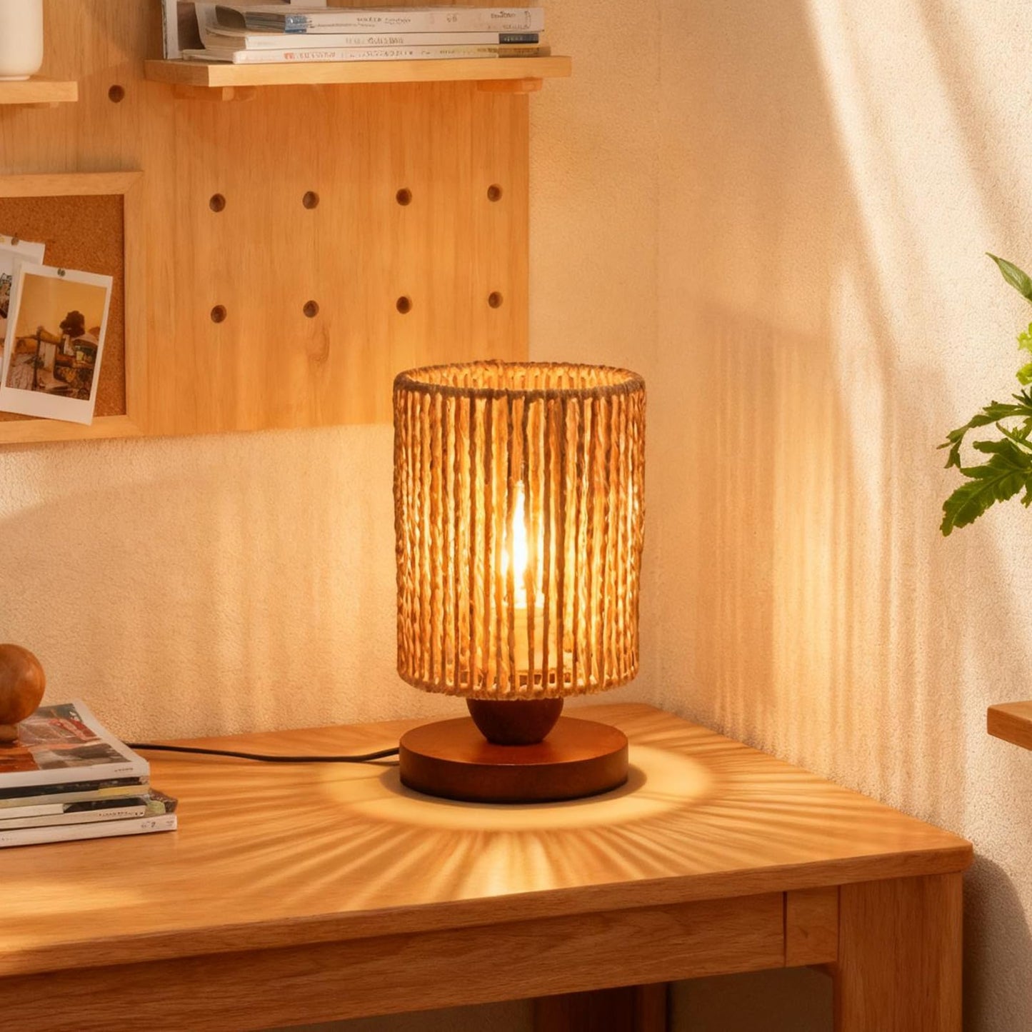 Handmade Rattan Lamp Boho Table Lamp for Bedroom, Small Woven Lamps for Night Stands with Warm White LED Bulb, Coastal Boho Lamp for Living Room Reading Nook Office Desk, 12cm Shade 20cm Height