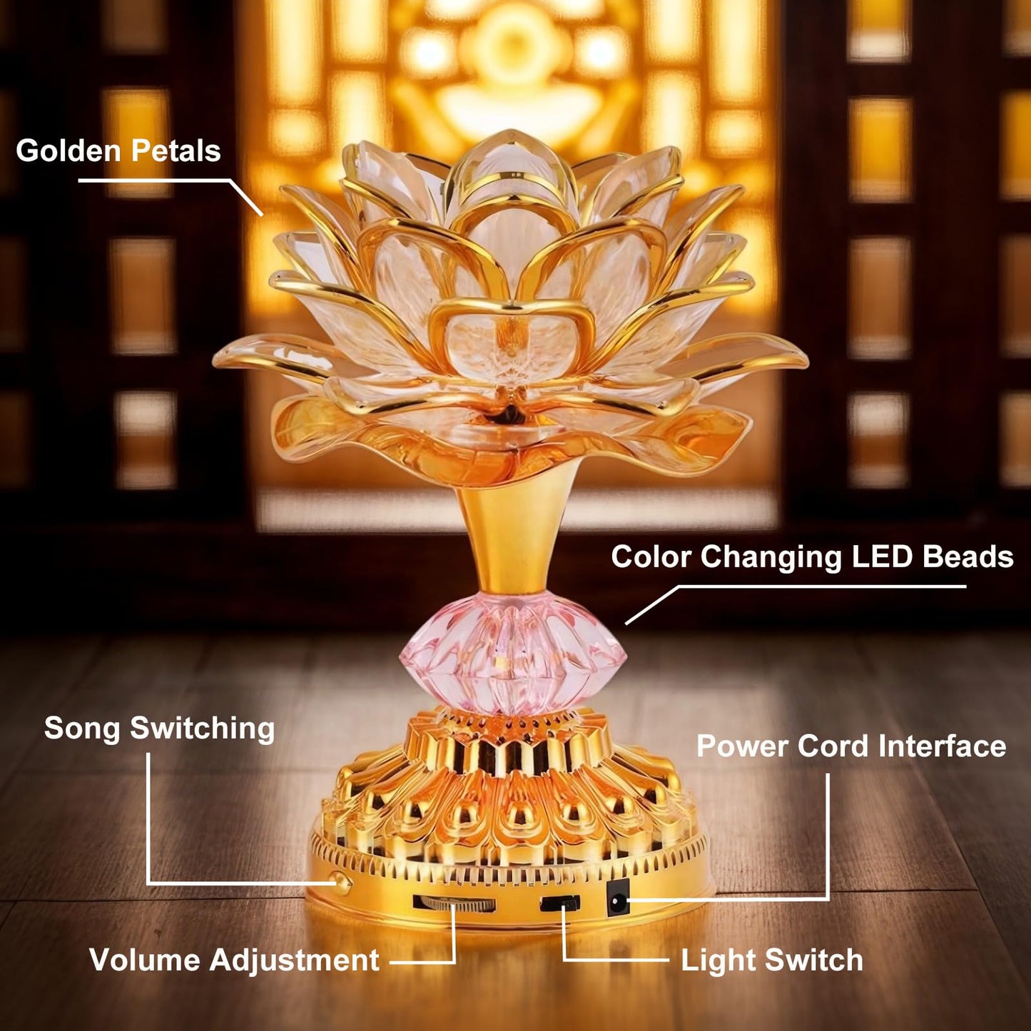 Omeet Colorful LED Lotus Buddhist Lamp, Built 13 Buddhist Songs, Gradient Buddha Light for Worship, Prayer and Display, Low Power Consumption, Eco, Buddhist Supplies - Gold