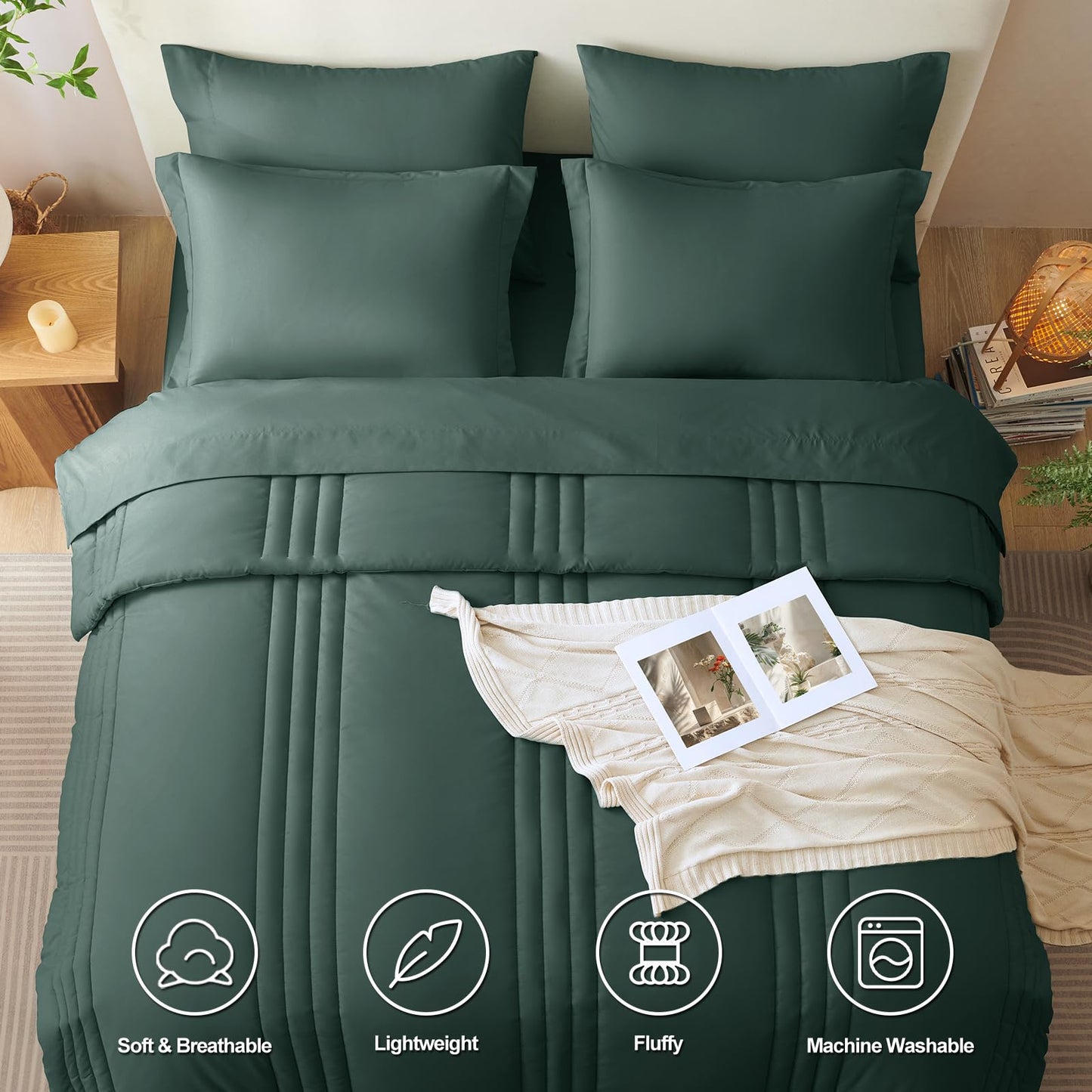 CozyLux King Size Comforter Set Forest Green - 7 Pieces Bed in a Bag, Modern Vertical Quilted Room Decor, Soft All-Season Bedding Gift with Comforter, Sheets, Pillowcases & Shams