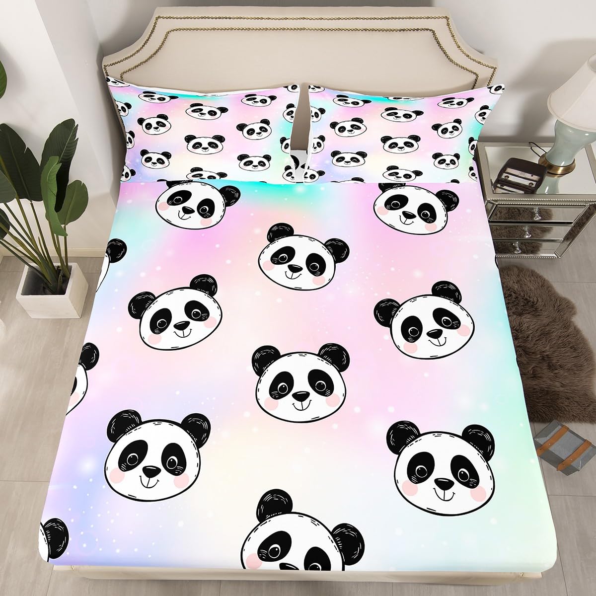 Cute Panda Sheet Set for Princess,Gold Stars Rainbow Bed Sheets Full,Tie Dye Pastel Bedding Set Home Room Decor,Girly Glitter Starry Sky Panda Animal Fitted Sheet + Top Sheet + 2 Pillowcases