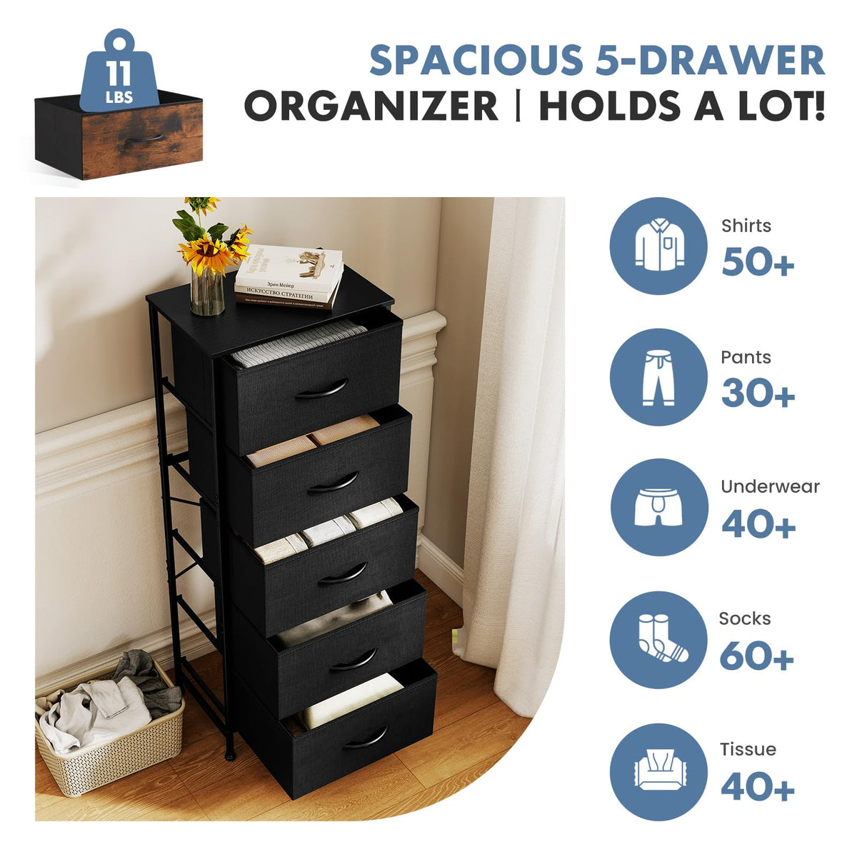 OLIXIS Tall Dresser for Bedroom, Black Fabric 5 Drawer Dressers for Closet, Storage Organizer with Removable Bins, Chest of Drawers with Sturdy Steel Frame, Living Room, Entryway
