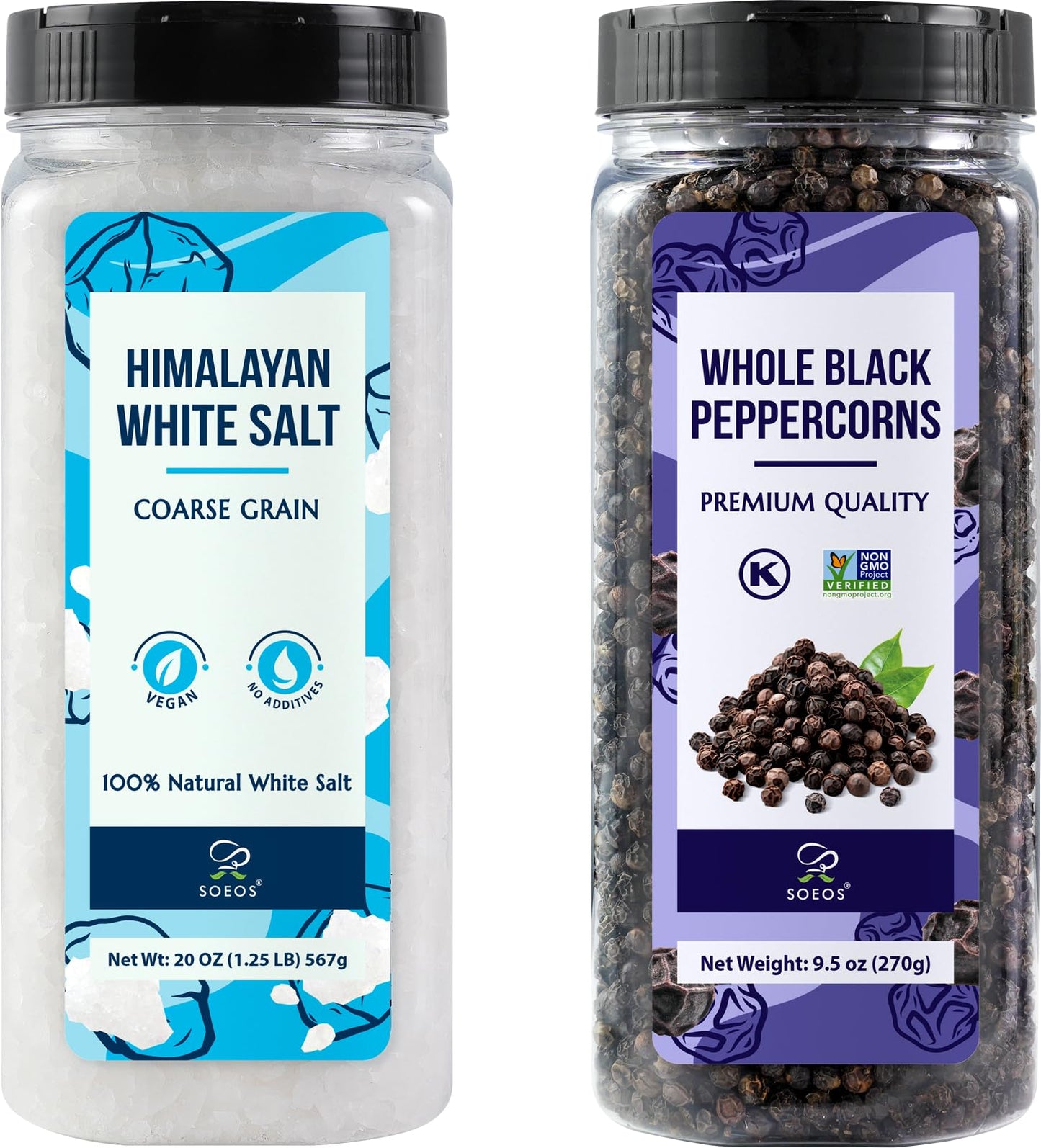 Soeos Himalayan White Salt 20 Oz + Whole Black Peppercorns 9.5 Oz, Coarse Grain, White Sea Salt, Black Peppercorns, Salt and Pepper Grinder Refill, Spice Seasoning Set for Cooking, 837g (2 Set)