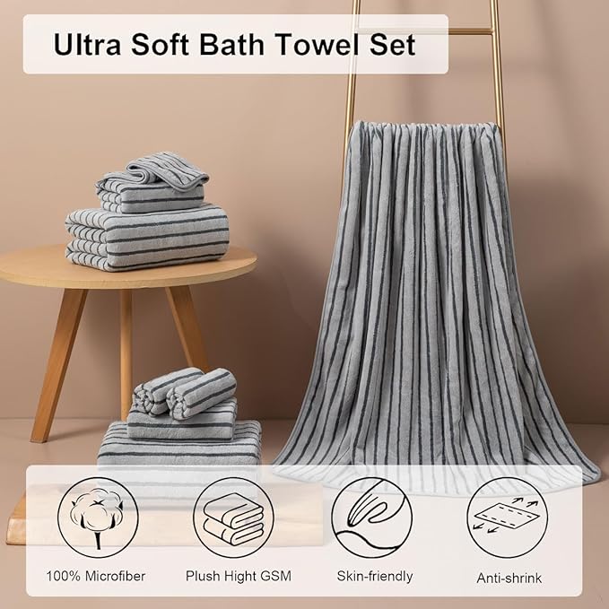 Oliven 8 Pcs Gray Cabana Stripe Bath Towel Set Oversize Bath Sheet-2 Bathroom