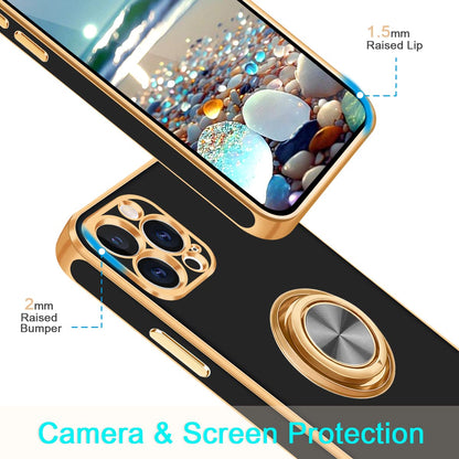 Fingic iPhone 13 Pro Max Case with Ring Stand, 360 Rotatable Magnetic Kickstand, Slim Fit Soft TPU, Black/Gold