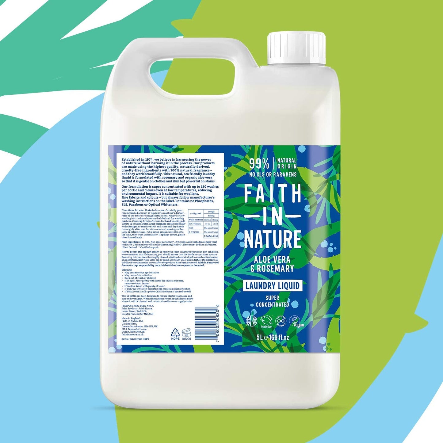 Faith In Nature Natural, Super Concentrated, Laundry Liquid with Aloe Vera and Rosemary Oil, Vegan and Cruelty Free, No SLS, Parabens or Phosphates, 5 L Refill Pack, 5 l (Pack of 1)