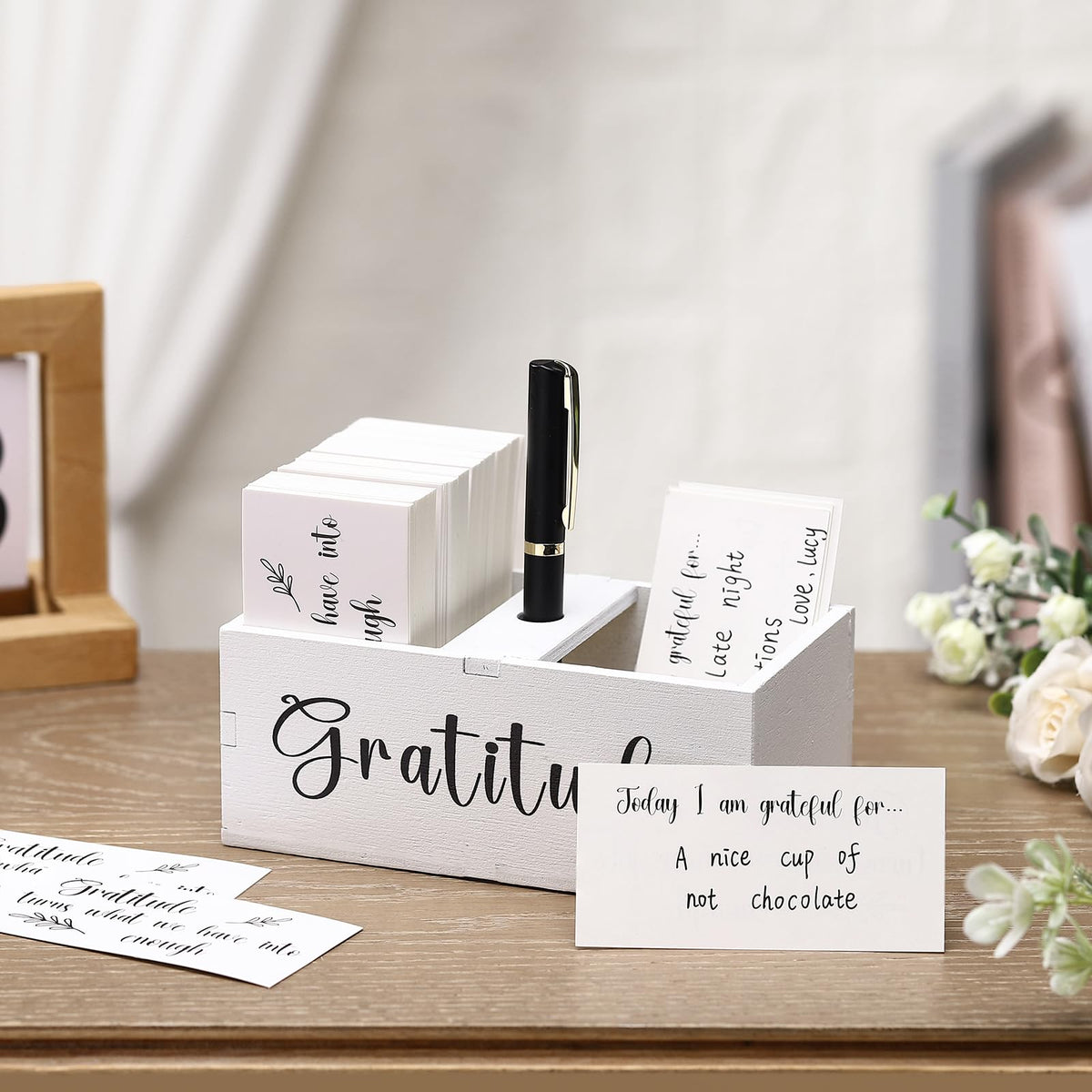 Clabby Gratitude Jar Include 200 Cards 1 Pen 1 Blessing Jar Wood Box Practice Thankful Appreciation Gratitude Note Cards Kit for Mother's Day Families Friends Employee Coworkers(White)