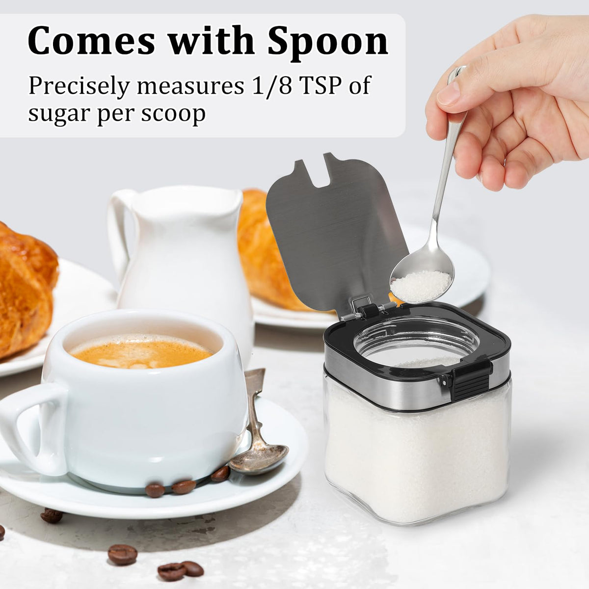 Aelga Glass Sugar Bowl with Lid and Spoon, 8.5 OZ Sugar Container Stainless Steel Flip Lid, Salt Container for Kitchen, Coffer Bar Accessories, Countertop