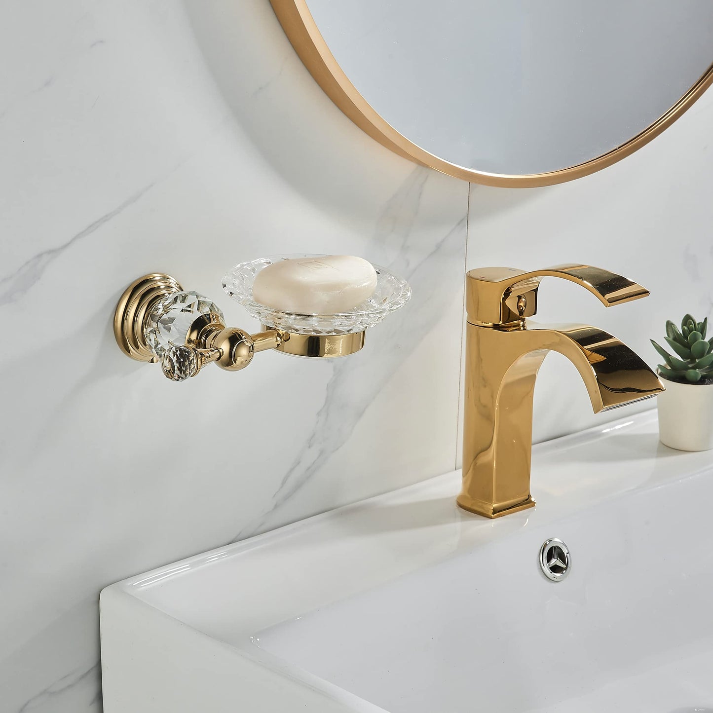 WOLIBEER Crystal Soap Dish Holder, Polished Gold Shower Soap Holder Stainless Steel Soap Saver Tray for Bathroom Wall Mounted