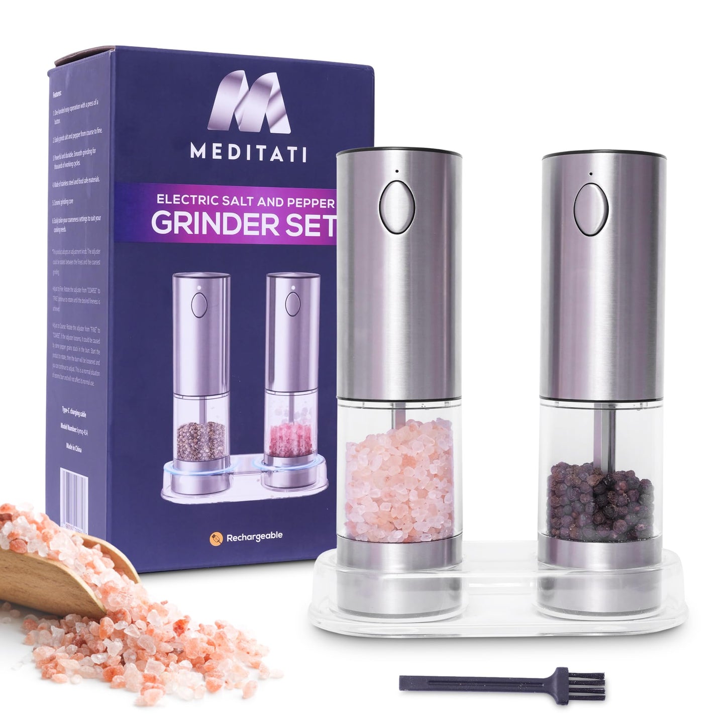Meditati Rechargeable Automatic Salt and Pepper Grinder Set - One Hand Operation with LED Light for Precise Seasoning - Adjustable Coarseness with Ceramic Core - Set of 2