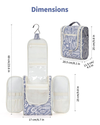 Narwey Hanging Toiletry Wash Bag, Travel Toiletry Bags for Women, Toiletries Bag Washbag Makeup Cosmetic Organiser for Holiday Essentials Accessories (Blue Leaf (Small))