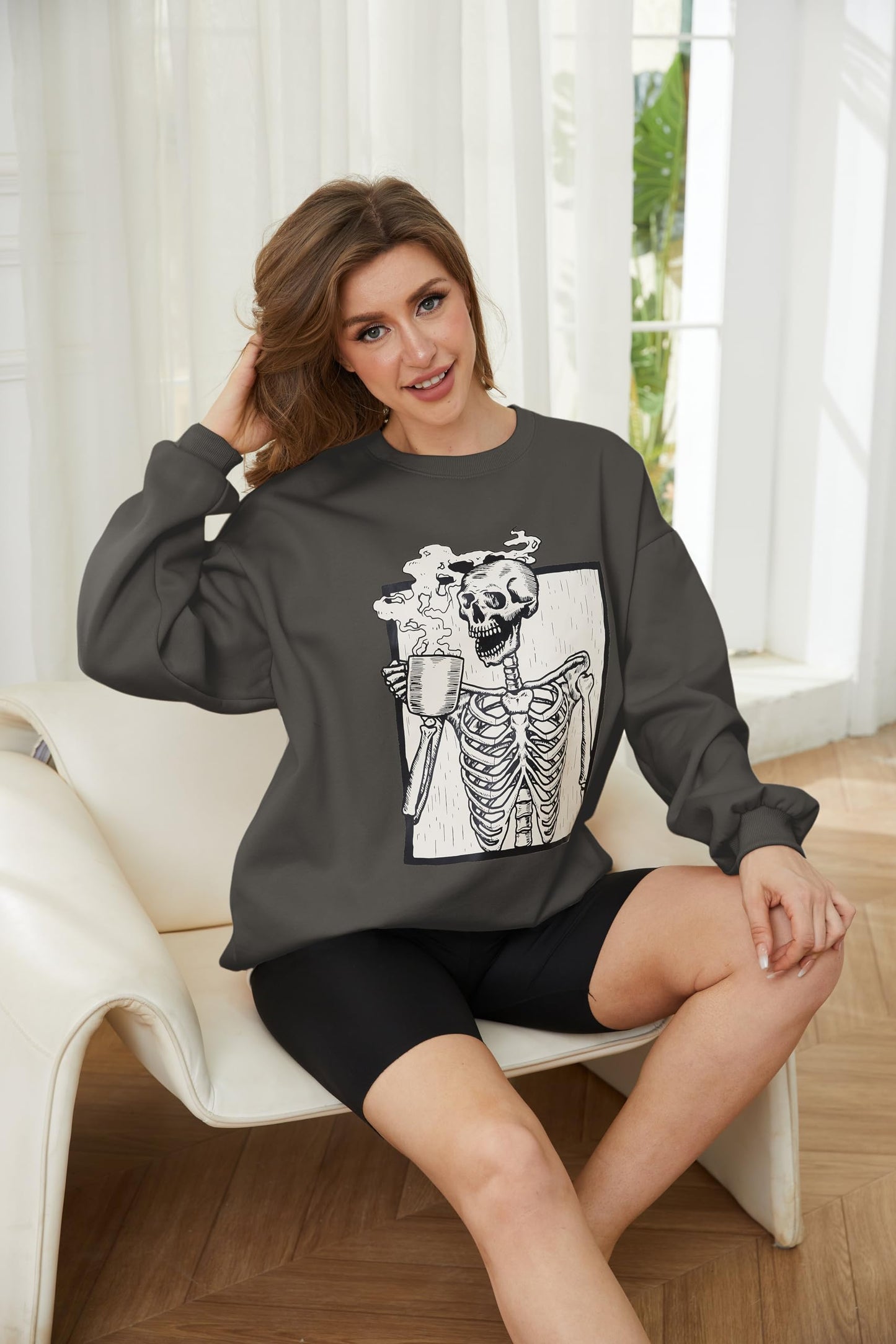 Meladyan womens Halloween Skull Graphic Print Fleece Oversized Sweatshirt Crewneck Long Sleeve Drop Shoulder Pullover, Dark Grey, X-Large