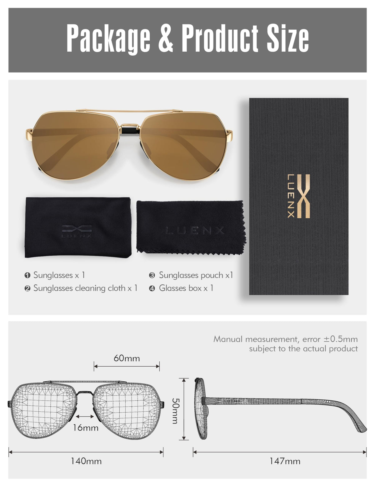 LUENX Men Women Aviator Sunglasses Polarized Shades Flexible Spring Hinge - Brown Lens Gold Metal Frame Large 60mm