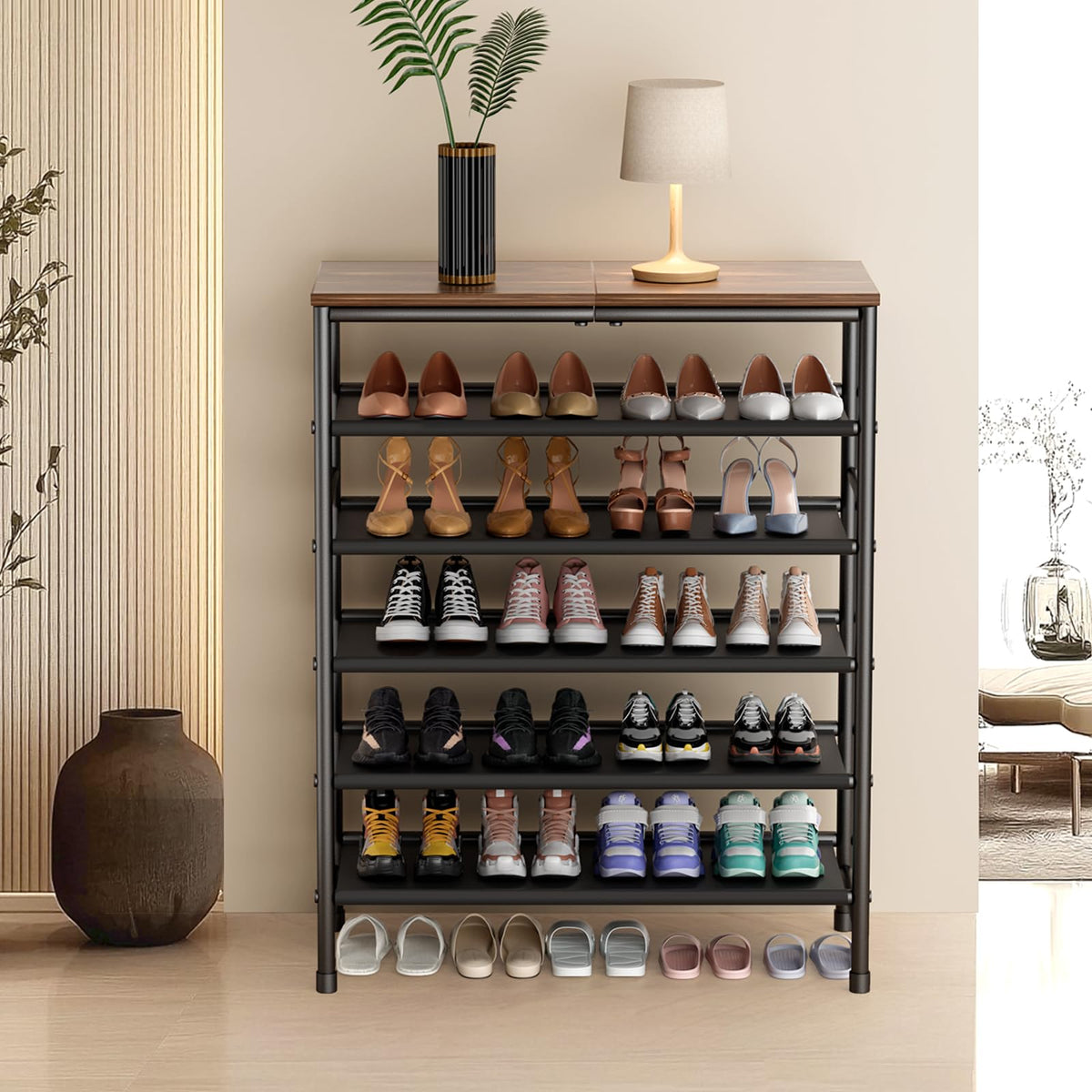 Mavivegue 4-Tier Metal Shoe Rack, Shoe Storage Organizer with Non-Woven Fabrics Shelves and Wooden Top Board, Entryway Shoe Stand for Closet Bedroom Living Room Garage, Black & Rustic Brown