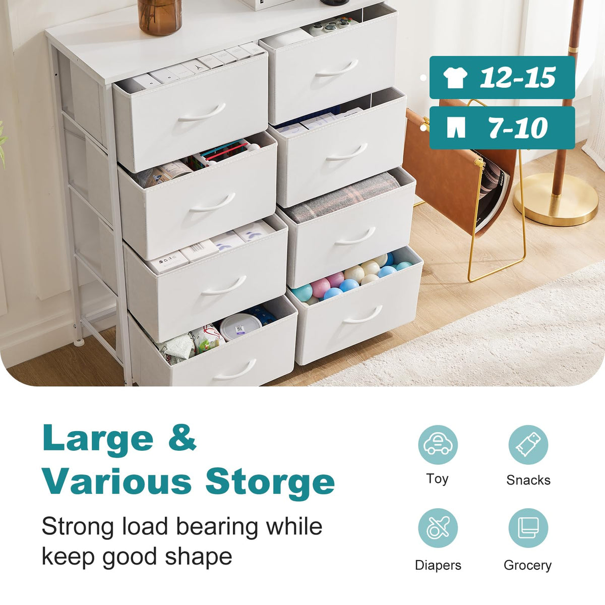 OLIXIS Dresser for Bedroom, 8 Storage Drawers, Tall Large Fabric Storage Tower Organizer, Chest of Drawers with Metal Frame Wooden Top for Nursery, Closet, Living Room, Entryway, White