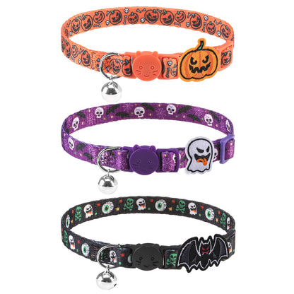 PUPTECK Halloween Cat Collar Breakaway with Bells - 3 Pack Kitten Collar Outfit Adjustable for Girl Boy Small Pet Puppy Bunny Costume with Safety Buckle, Orange Purple Black