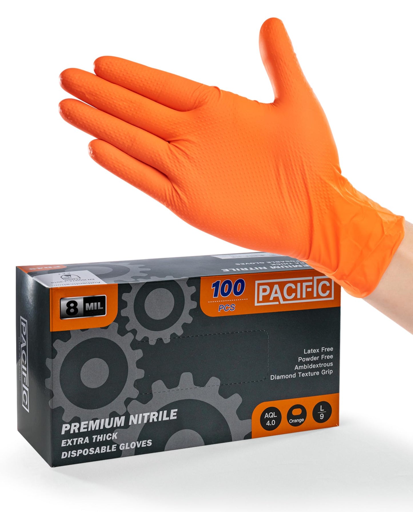PACIFIC 8-mil Orange Nitrile Disposable Gloves, Heavy-Duty, Industrial, Mechanic, Diamond Textured, Latex & Powder Free, EN 374, Medium