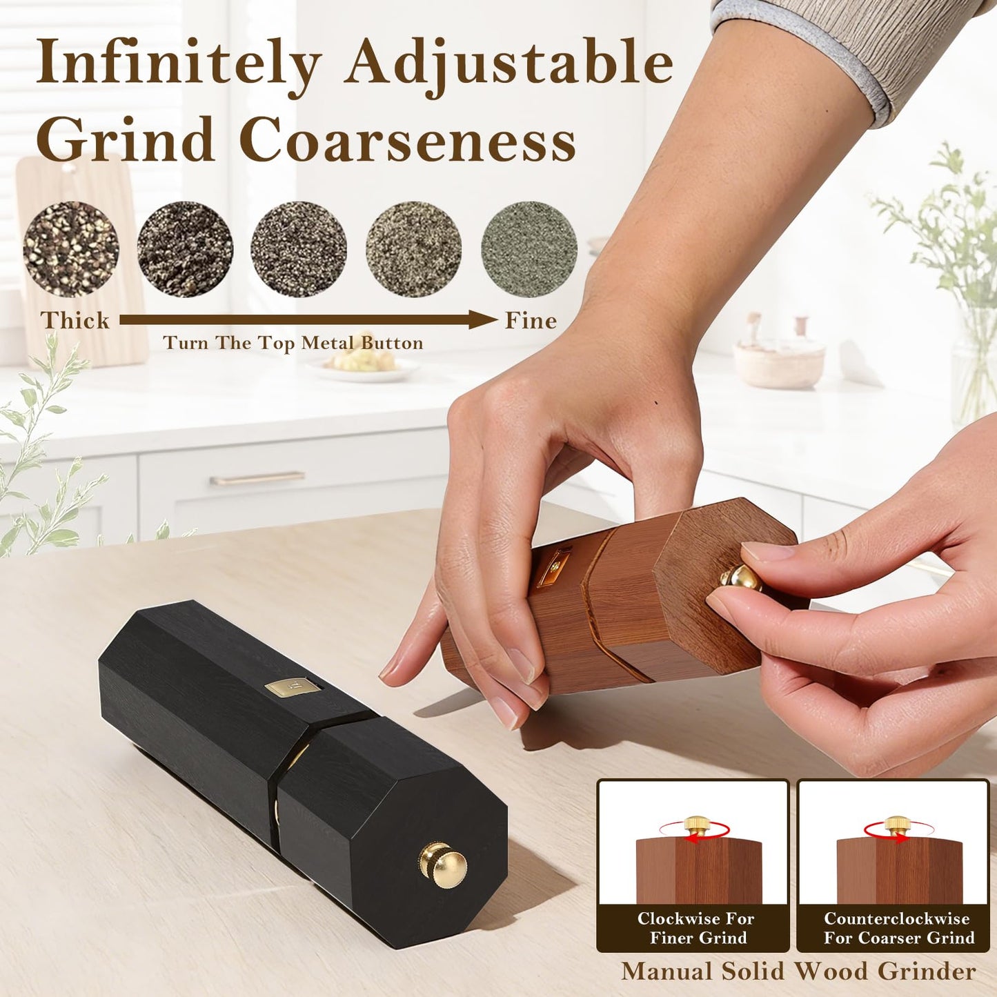 Fewuto Solid Wooden Salt and Pepper Grinder Set - Adjustable Ceramic Grinder Refillable Manual Mill Natural Wood Finish, 8 Inch Kitchen Dining Table Essential Birthday Gift 2 Pack