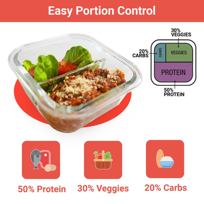 BariBowl Portion Control Containers for Bariatric Meals – 8 oz Glass Meal Prep Containers with Two 4 oz Compartments and Lids (3 Pack), Reusable Bento Lunch Boxes