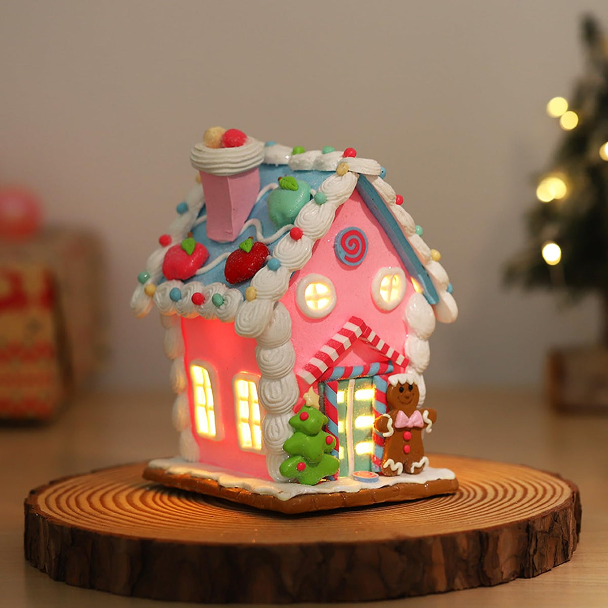 Christmas Pastel Gingerbread House Ornaments Decorations,Soft Clay Pastel Pink Small Candy House Christmas Ornaments with Light for Christmas Tree Hanging Pendants Xmas Tabletop Decoration