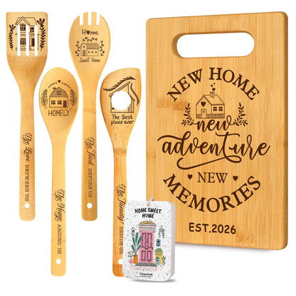 6 Pcs Housewarming Gifts Set for Women Friends Neighbor, New Home Essentials with Bamboo Cutting Board & 4 Blessing Spoons, New Home New adventure New Memories 2026