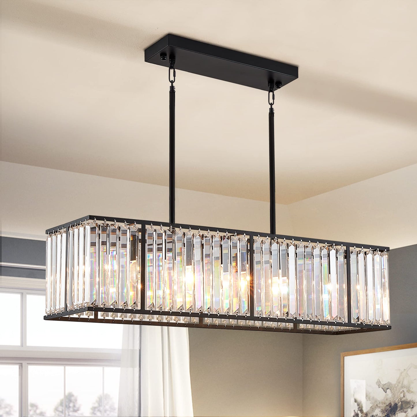 Siljoy Modern Rectangular Crystal Chandelier, 5 Lights Black Rectangle Raindrop Chandelier Lighting, Industrial Linear Pendant Ceiling Light Fixture for Dining Living Room Kitchen Island L33.5''