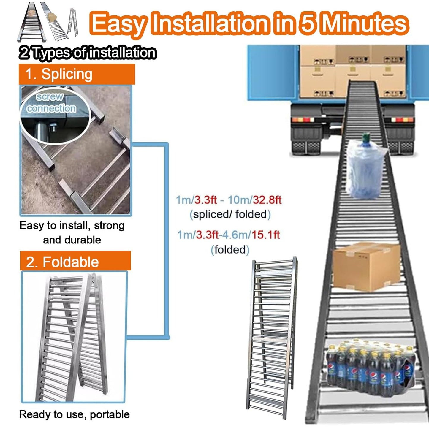 Adjustable Heavy Duty Gravity Conveyor Roller for Warehouse Unloading, 3.3 to 33ft Length, 12in Width, Height Adjustable Stand for Efficient Material Handling