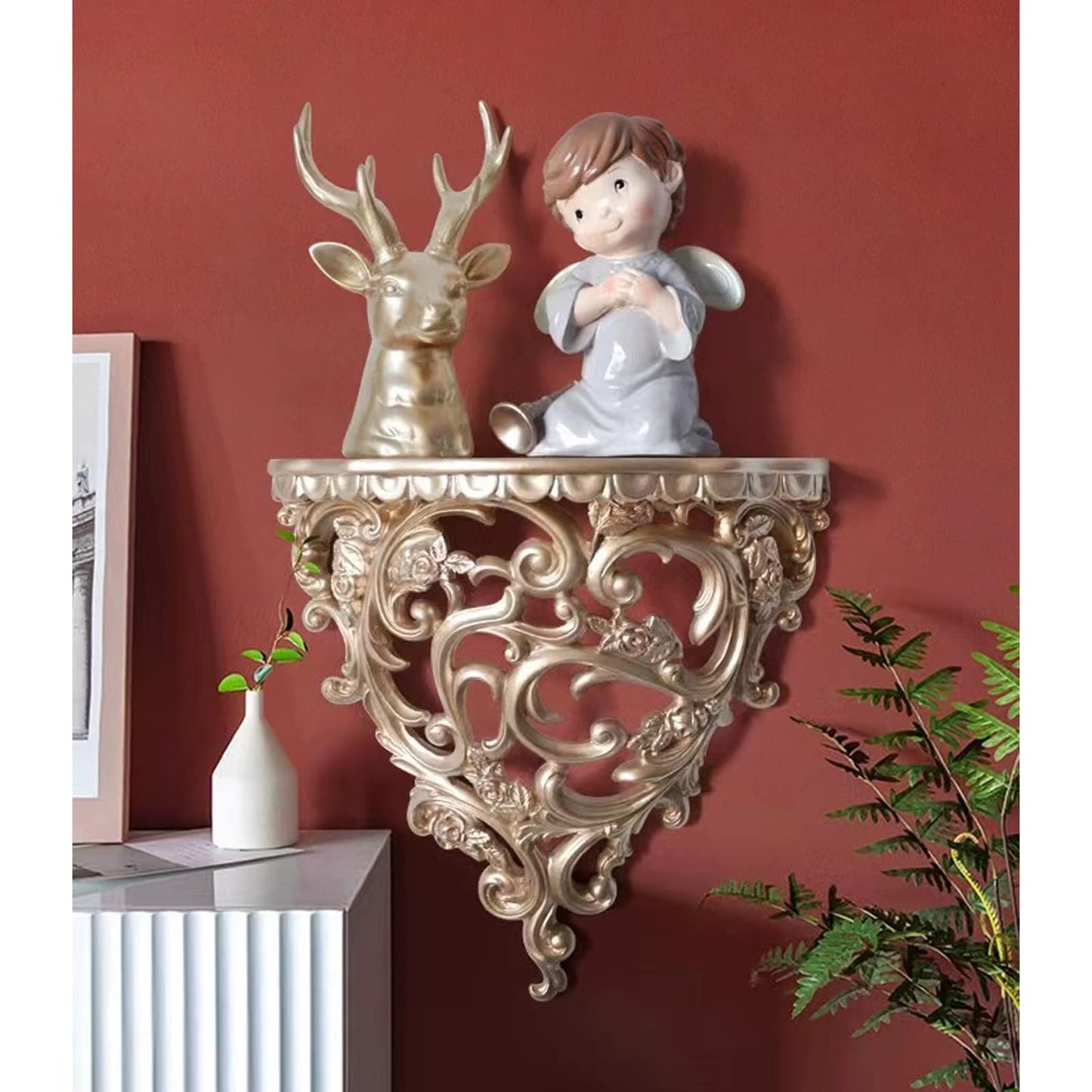 Floating Wall Shelf, Resin Floating Wall Shelf European Hollow Wall Shelf Display Wall Organizer Retro Flower Carving Art Wall Hanging Storage Rack Baroque Style Ornament for Flower Pot Stand