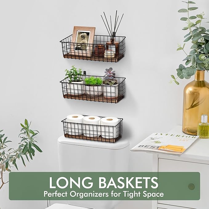 Wall Hanging Baskets 3 Pack, Diversified Wire Basket Shelves of Wooden Style