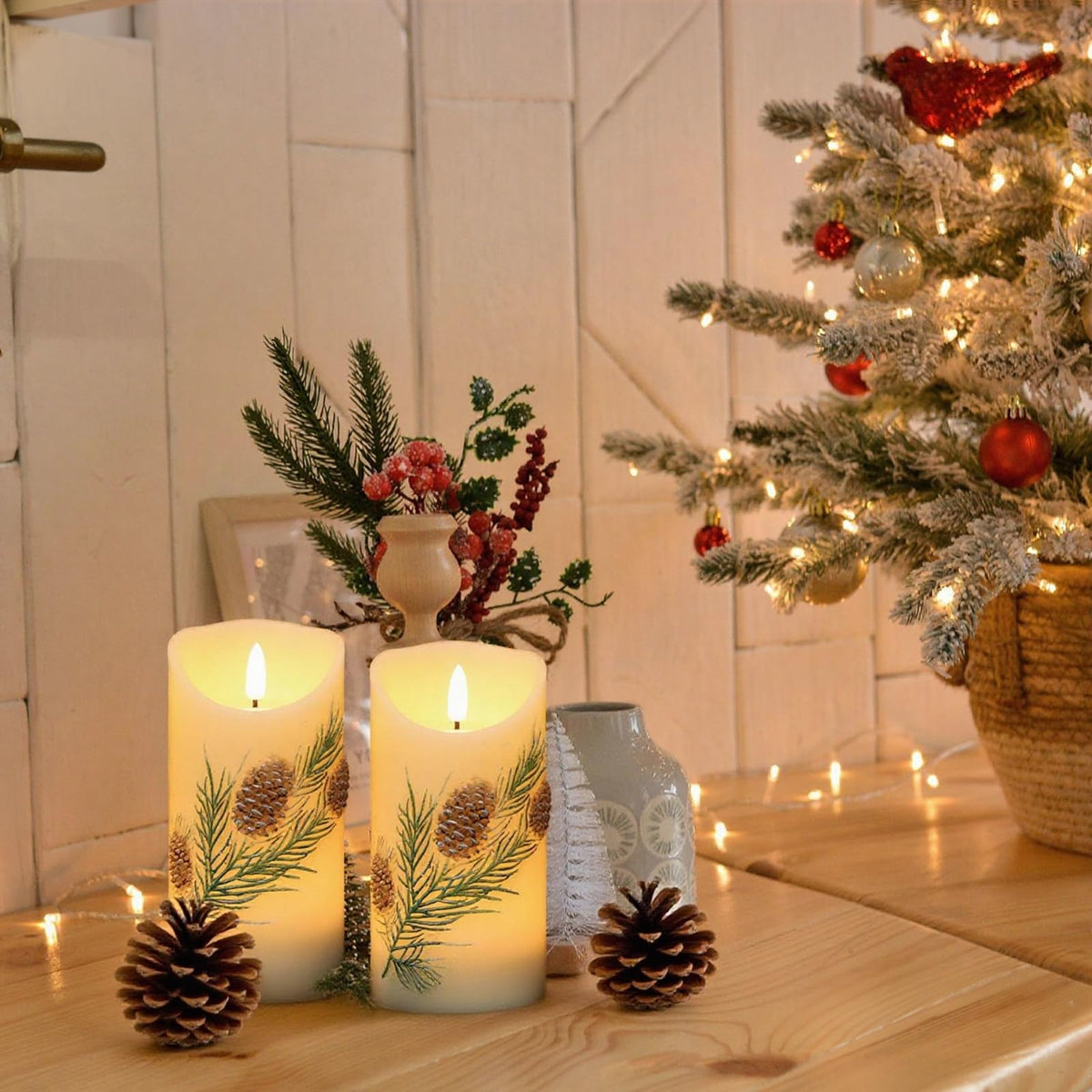DRomance Pinecone Flameless Flickering Candles Battery Operated with 6H Timer 3D Wick LED Pillar Candles Real Wax Hand-Painted Dinner Holiday Christmas Indoor Decoration(2 Pack, 3" D x 5.7" H)