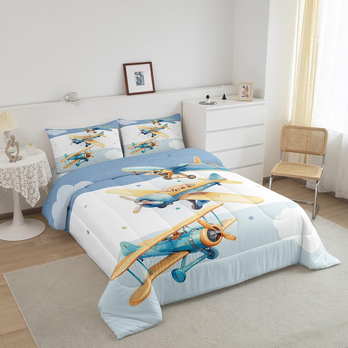 Manfei Cartoon Airplane Queen Size Comforter Set 3 Pcs,Aviation Aircraft Modern Plane Down Alternative Bedroom Decor,Sky Clouds Stars Blue White Stripes Print Ultra Soft Microfiber Inner Fill 3Pcs