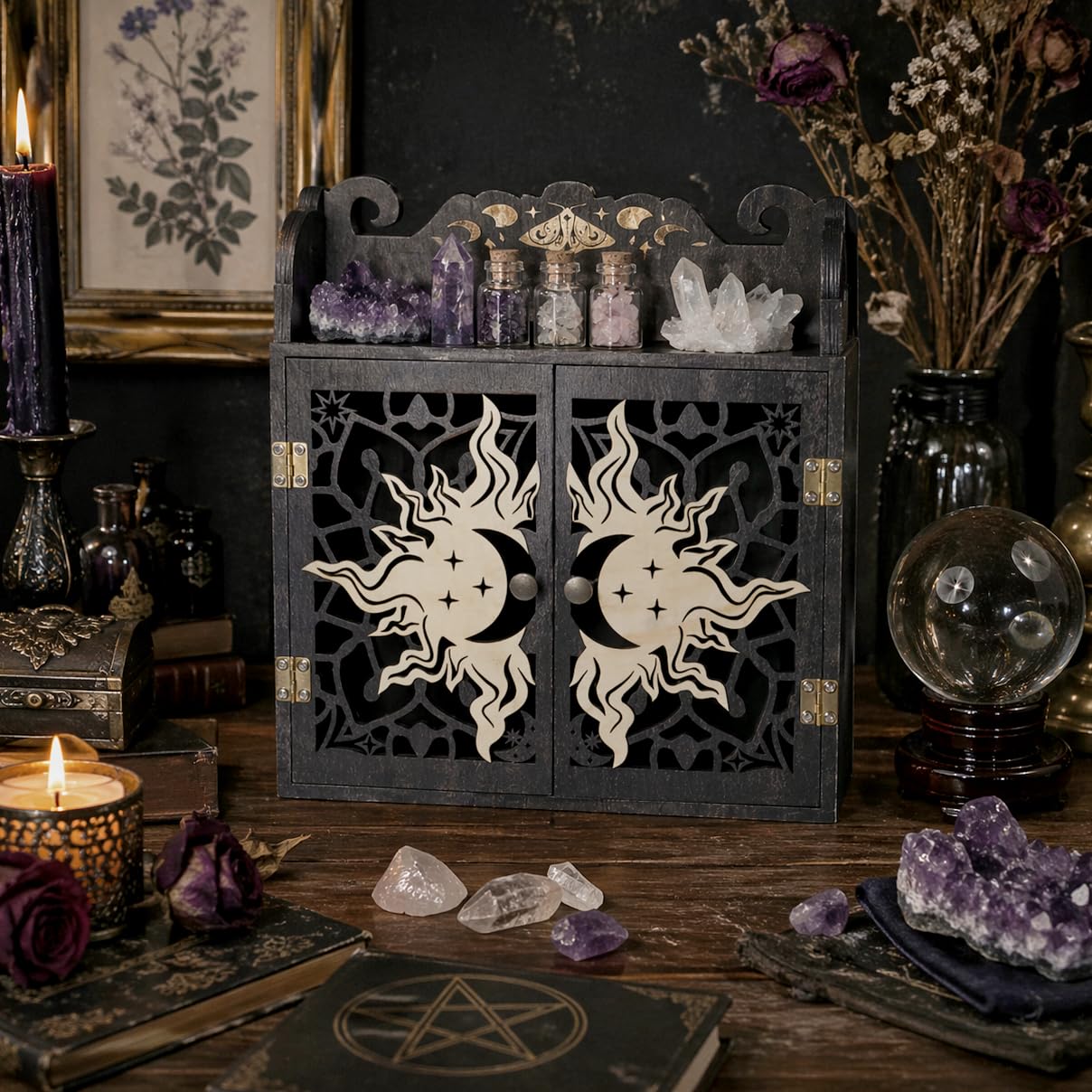 FNYDOX Large Crystal Display Shelf Case for Stones, Carved Sun Crescent Moon Shelf, Trinket Shelf Nail Polish Rack Crystal Holder Essential Oil Storage Rock Cabinet Gem Stone Organizer