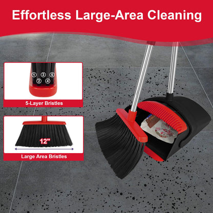 UDUK Broom with Dustpan Combo Set and Silicone Air Broom Kit, 51" Long Handle Floor Squeegee, Red Household Kit for Glass Window Rugs Pet Hair Home