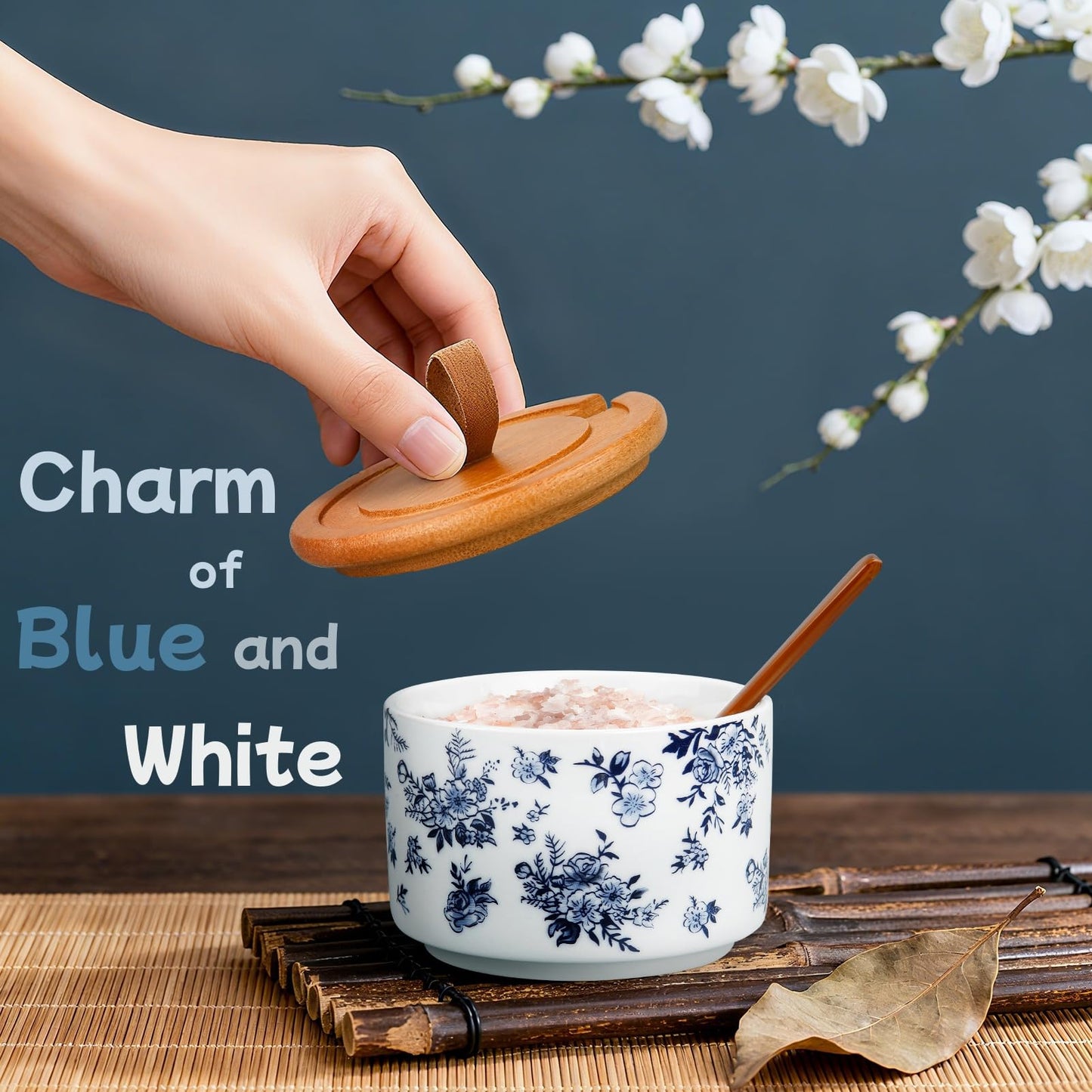 SUOWEEI Ceramics Salt Container, 7.5 oz Classical Porcelain Salt Cellar with Lid and Spoon, Pepper Bowls Seasoning Container for Countertop Kitchen