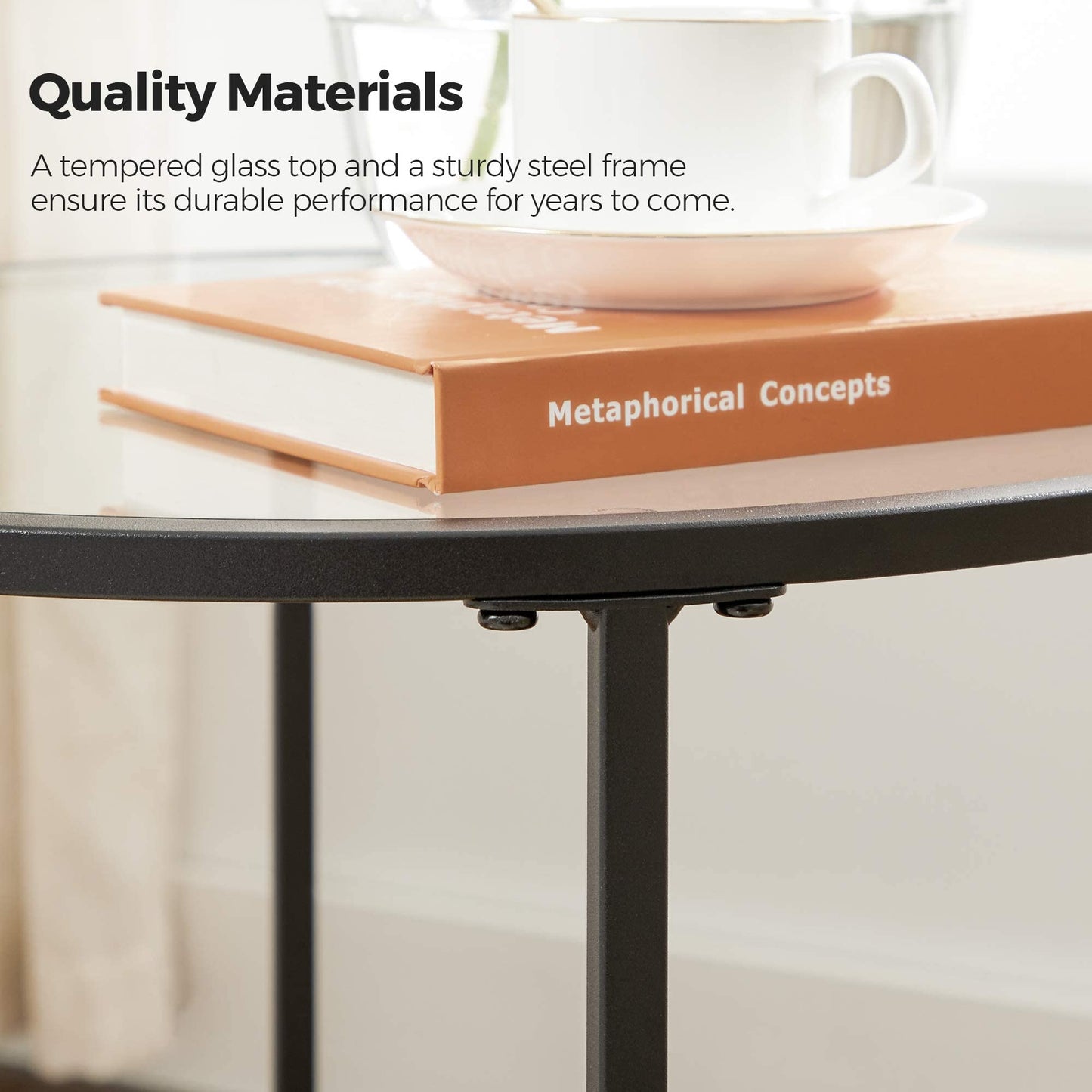 VASAGLE Round Side Table, Glass End Table with Metal Frame, Black Coffee Table with Modern Style, for Living Room, Balcony, Bedroom, Black