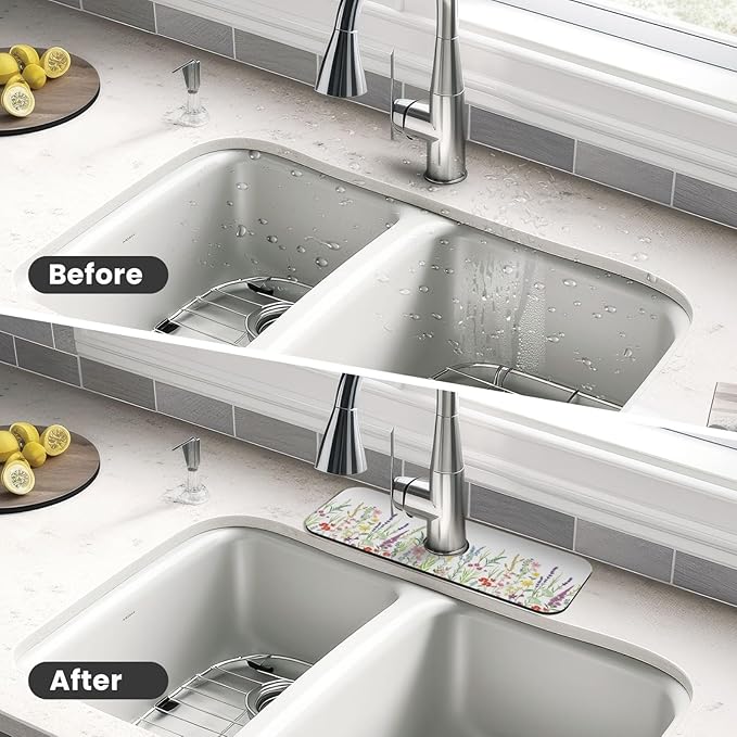 Wildflowers Floral Flower Kitchen Sink Splash Guard Faucet Mat Super Absorbent