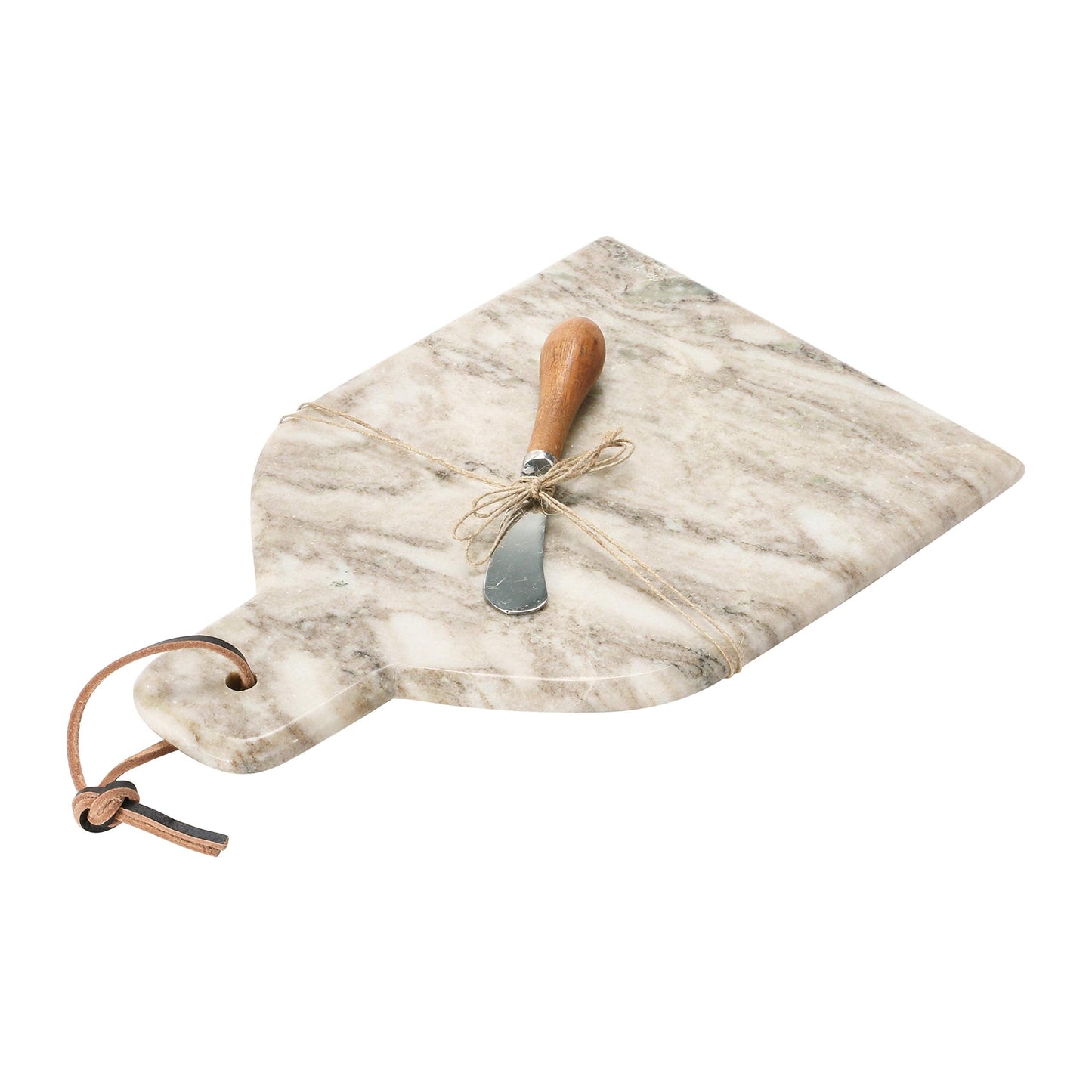 Creative Co-Op Marble Cheese and Cutting Board with Handle, Leather Tie and Canape Knife, Buff, Set of 2