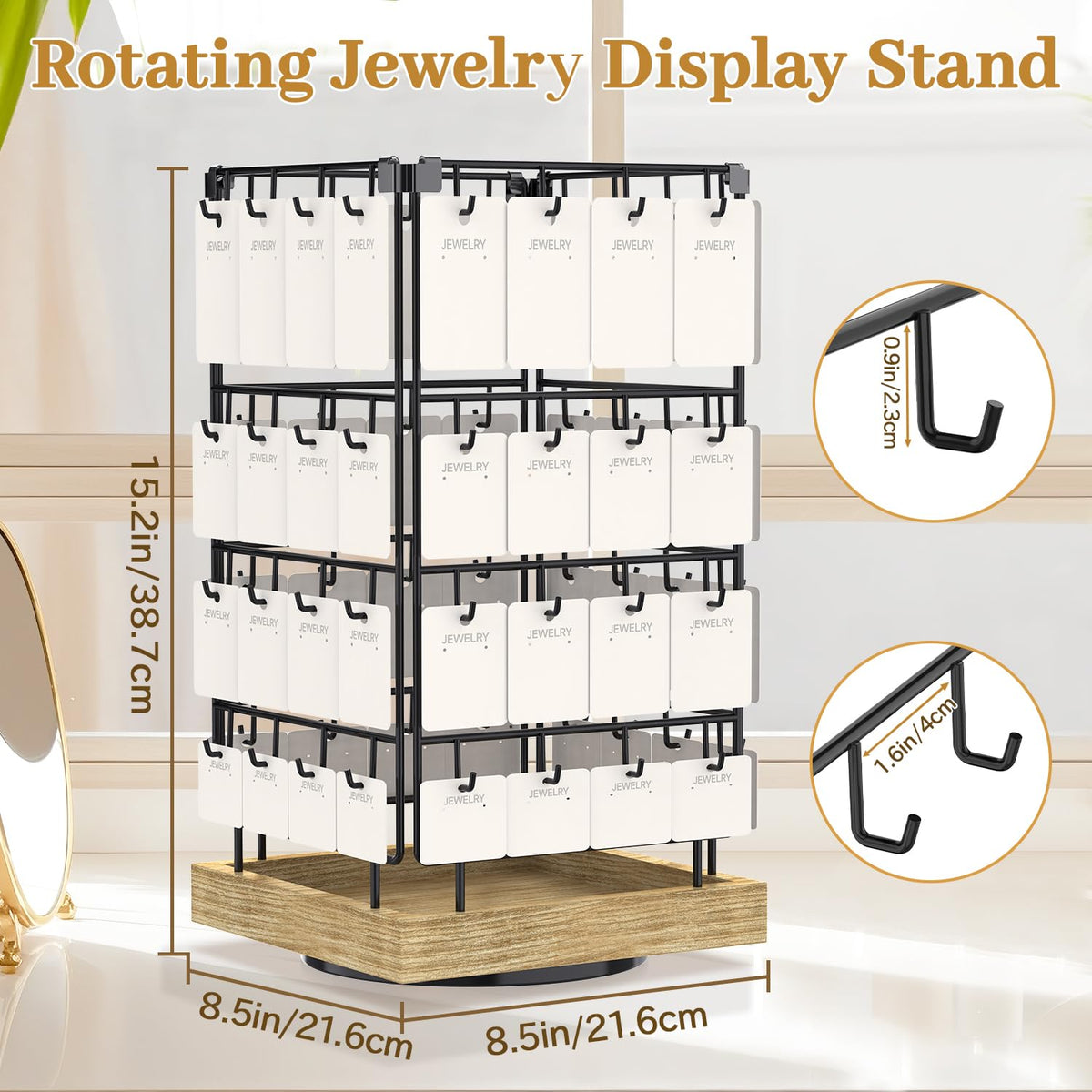 MODOWEY Earring Card Display Stand for Vendors, 64 Hooks Rotating Organizer Tree Holder, 4 Tier Jewelry Rack with Wooden Base for Stud Pierced Earring Selling, Grab Attention to Boost Sales, Oak