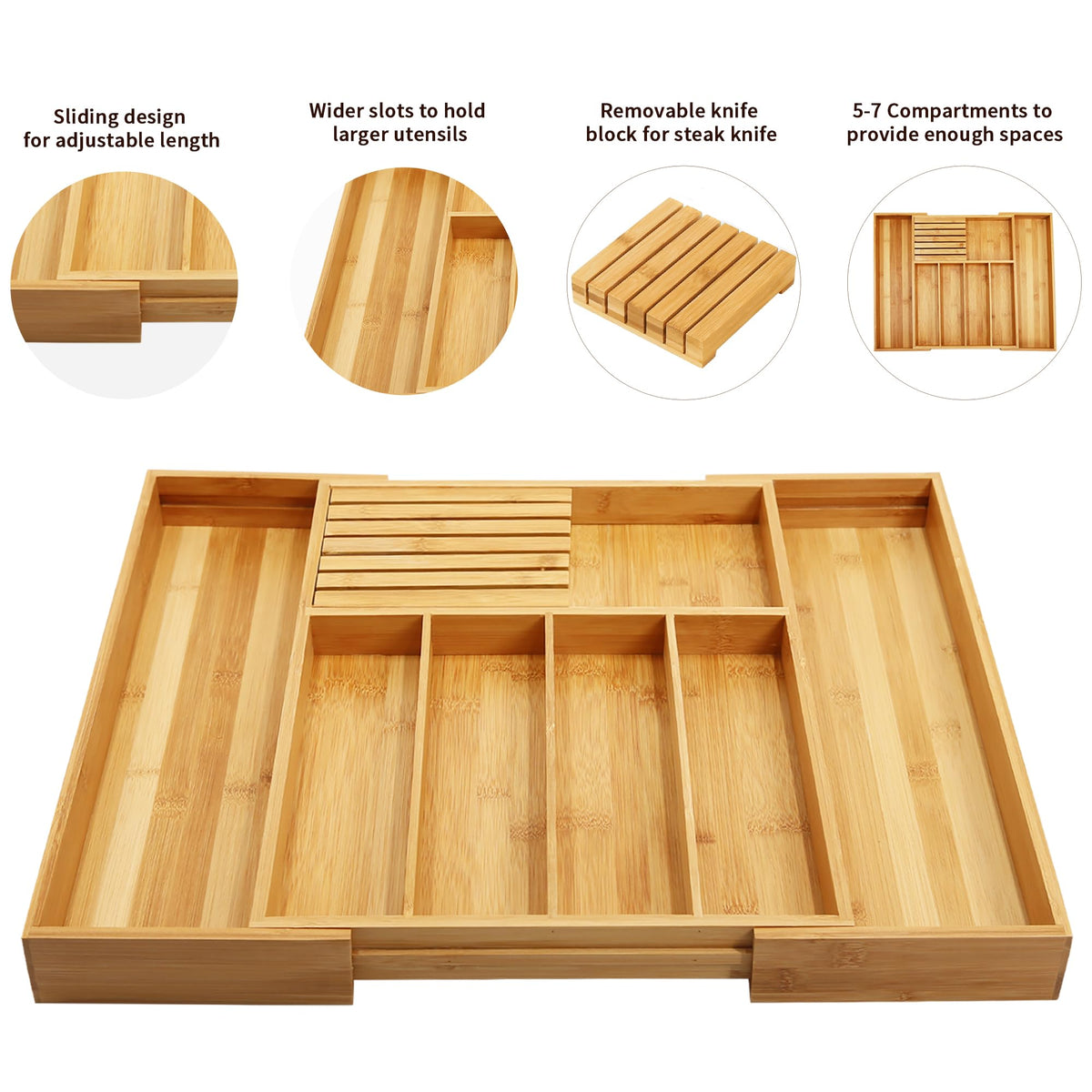 VaeFae Bamboo Silverware Drawer Organizer Kitchen, Expandable Utensil Organizer with Knife Block, Cutlery Tray with Divider, Multifunctional Drawer Organizer