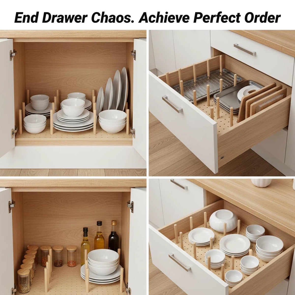 Wooden Pegboard Drawer Organizer for Kitchen - 3 Pack Adjustable Drawer Organizer with 24 Pegs Wooden, Drawer Organizer Kitchen Utensils, Wood Drawer Organizers for Kitchen Countertops & Deep Drawe