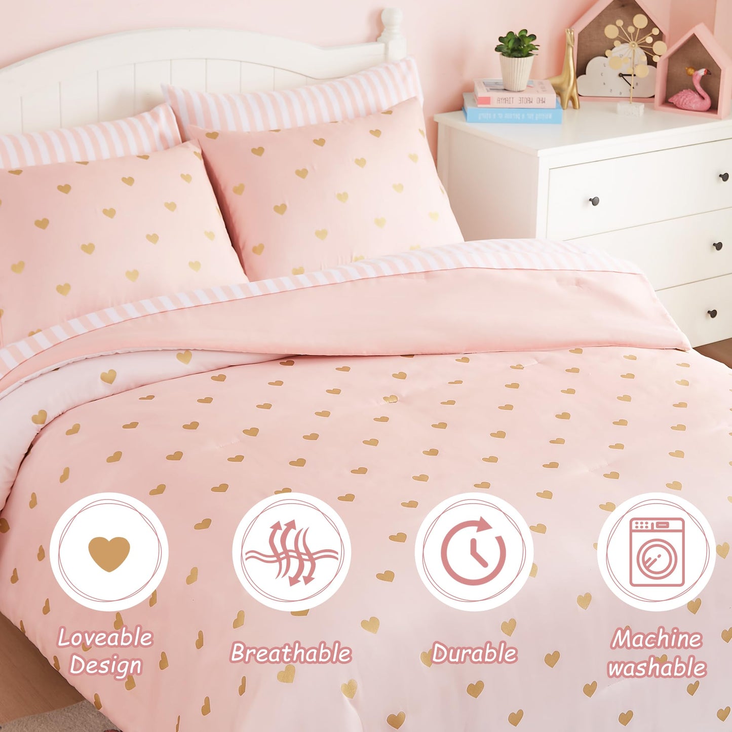 Wink Deer Twin Comforter Set with Sheets for Girls-5 Pieces Twin Bedding Sets with Pink White Gradient Ombre Comforter, Sheets, Pillowcase & Sham for Kids (Gold Heart, 66" X 86")