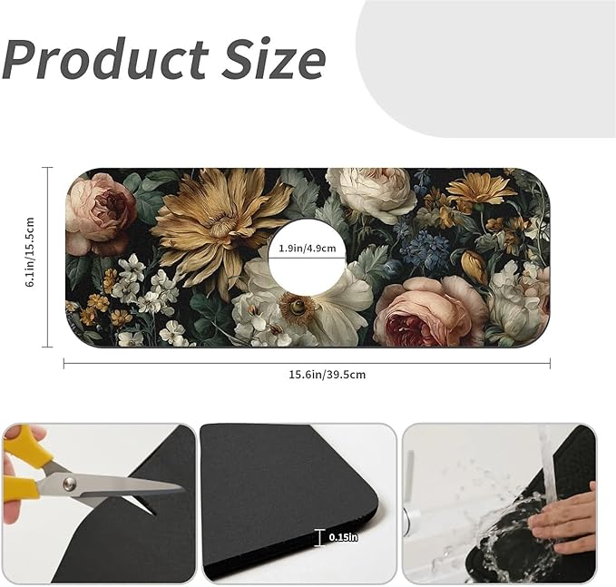 Kitchen Sink Splash Guard，Dark-floral Faucet Mat Sink Gadgets-Super Absorbent