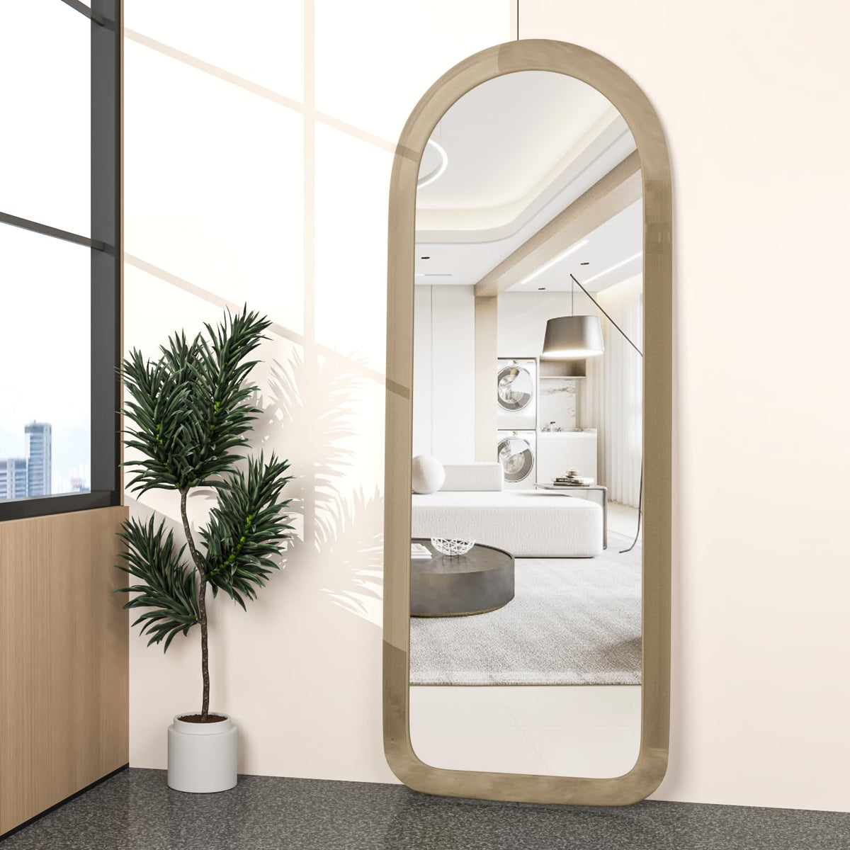NEUWEABY Full Length Mirror 56"x20" Arch Floor Mirror with Stand Arched Full Body Mirror Standing Hanging or Leaning Against Wall for Bedroom Flannel Wrapped Wooden Frame Milk Tea