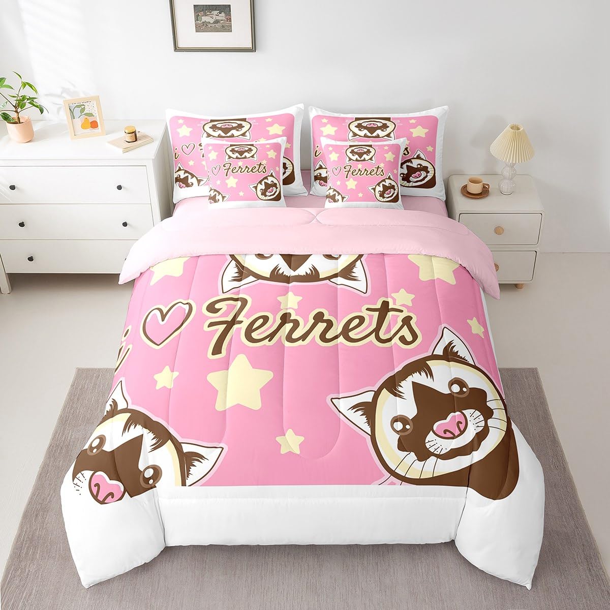 Erosebridal Ferret 7 Piece Comforter Set Full Bed in a Bag,Cartoon Ferrets Bedding Sets Lovely Wild Animals Comforter and Sheet Set,Cute Wildlife Kawaii Stars Room Decor