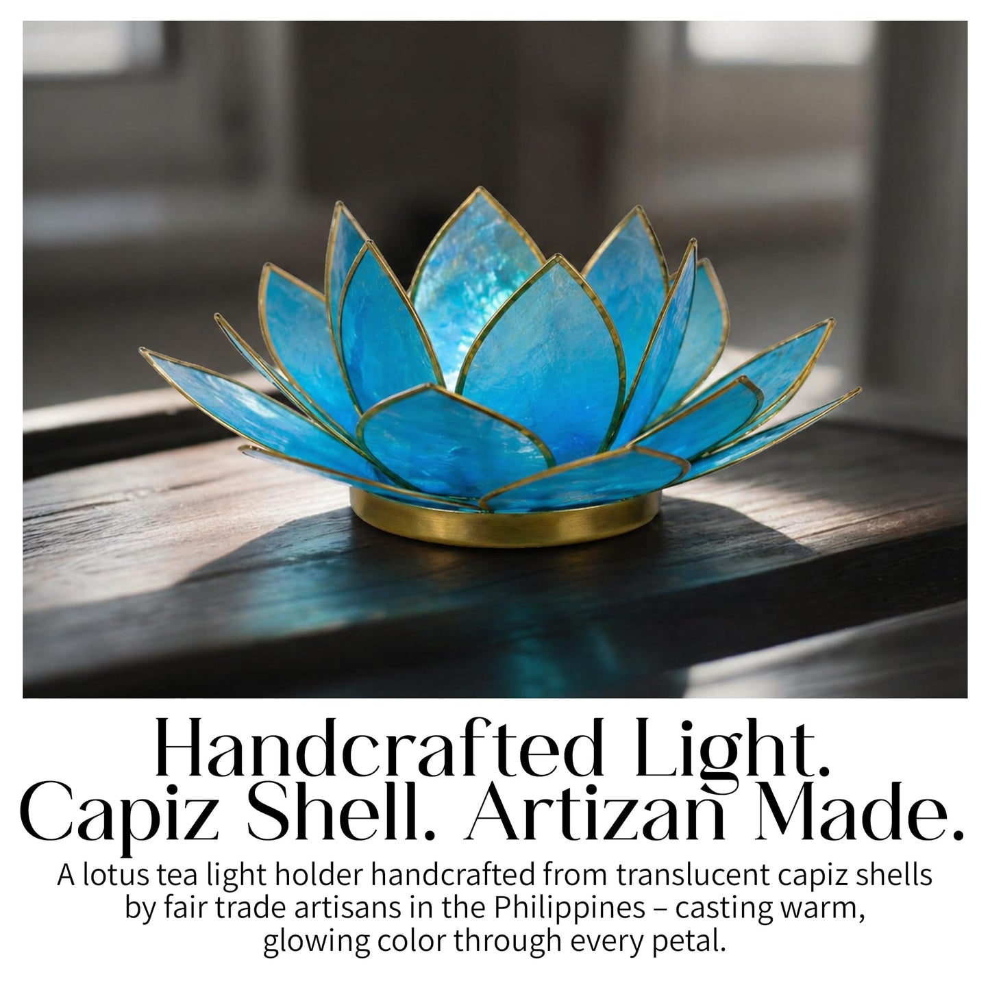 OM Gallery Gemstone Lotus Tealight Holder - Handcrafted Capiz Shell Design for Soft Glow, Elegant Home & Table Decor, Wedding Centerpieces, Votive Candle Styling, and Thoughtful Gifting - Turquoise